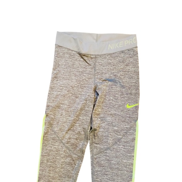 NIKE Hypercool Gray Neon Yellow Nike Pro Athletic Leggings Running Pants - Picture 3 of 6